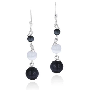 925 Silver Black and White Cats Eye Bead Dangle Earrings - Picture 1 of 5