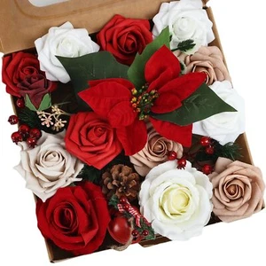 Christmas Flowers Artificial Red Poinsettias White Rose Greenery Deluxe Combo - Picture 1 of 7