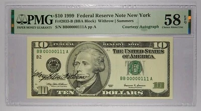 True Binary 00000111 Courtesy Autographed 1999 $10 PMG 58 EPQ - Image 1 of 2