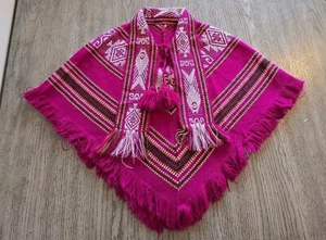 Tejidos Diaz Kids Wool Blend Poncho Woven in Ecuador Inca Aztec Pink One Size - Picture 1 of 10