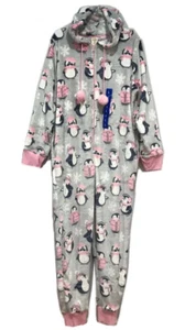 Munki Munki Ladies' Luxe Plush Hooded One Pc Pajama Penguin Gray/Pink Size:L NEW - Picture 1 of 7