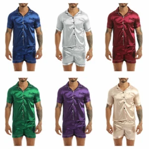 Mens Silky Satin Pyjamas Set Shirt Shorts Sleepwear PJs Short sleeves Nightwear - Picture 1 of 38