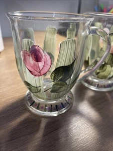 2 Anchor Hocking Coffee Cups Tea Mugs Hand-Painted Roses Clear Footed Glass 16oz - Picture 1 of 6
