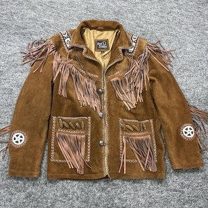 Native American Leather Jacket Mens Large Brown Suede Fringe Beaded Western - Picture 1 of 21
