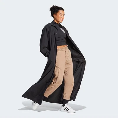 Adidas Future Icons 3Stripes Extra Long Black Snap Up Trench Coat Size Large NEW - Image 1 of 4