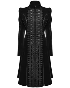 Punk Rave Womens Gothic Velvet Embellished Mid Length Military Coat - Black - Picture 1 of 13