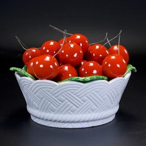 Cherry Bowl Realistic Italian Porcelain Fruit Bright Red Midcentury Vintage 6" - Picture 1 of 22