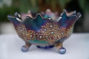 RARE ANTIQUE c.1911 FENTON ORANGE TREE COBALT BLUE CARNIVAL GLASS FRUIT BOWL - Picture 1 of 10