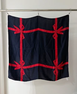 Authentic Vintage CHANEL Silk Scarf Navy Polka Dot & Ribbon - Picture 1 of 11