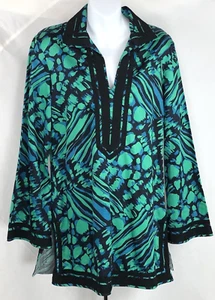 Dana buchman kimono tunic top m green blue geo collar flare sleeve abstract Art - Picture 1 of 5