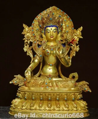 14.8" Old Tibetan Copper Gilt Gems Buddhism White Tara Godess Flower Sculpture - Image 1 of 4