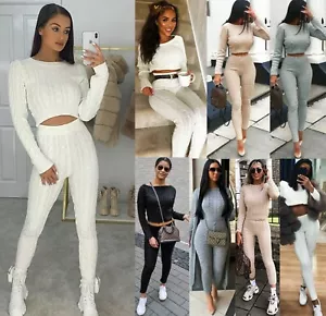 Womens Ladies Chunky Cable Knitted Co-ord Top Legging Loungewear Tracksuit Set - Picture 1 of 21