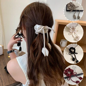 Cinta de pelo con moño satinado crujiente tulipán intestino grande cola de caballo anillo para el cabello corbata - Imagen 1 de 18