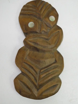 NZ MAORI HAND CARVED KAURI TIMBER HEI TIKI STATUE PAUA SHELL MOKO - image 1 of 4