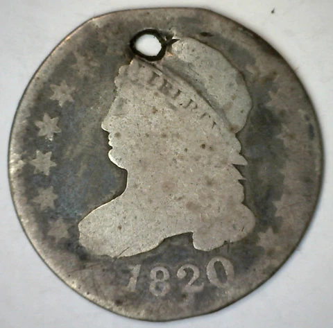 1820 Capped Bust Silver US Dime Ten Cent CULL Damaged Coin 10c with Hole + Wear Cover