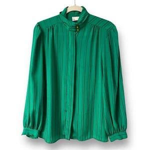 Laura Mae Vintage 80s Button Up Blouse Mock Neck Emerald Green Womens Size 12 - Picture 1 of 7