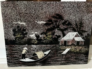VIETNAM ART 12" X 15.5" BLACK WHTIE LAQUER PAINTING ON BOARD FOLK ART - Picture 1 of 4