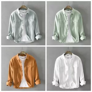 Men Cotton Shirt Long Sleeve Button Down Top Chest Pockets Collared Jacket - Picture 1 of 16