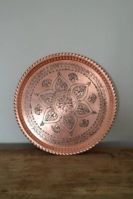 Turksih Traditional Embroidered Copper Coffee Serving Tray Round - Image 1 of 4