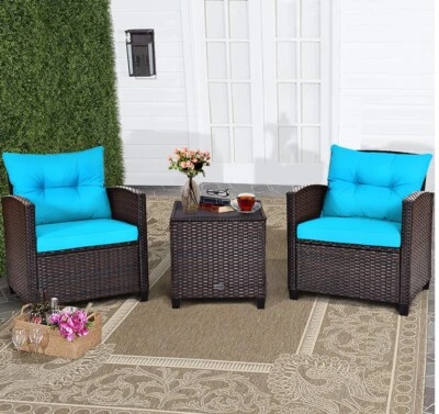 Costway 3PCS Patio Rattan Furniture Set with Cushions - Turquoise Outdoor Sofa