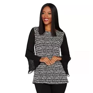 Susan Graver Top Womens X-Large 18 20 Liquid Knit Chiffon Sheer Sleeve Blouse XL - Picture 1 of 11