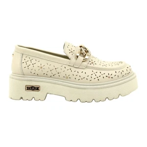 Leather openwork women's loafers on the platform with decoration CLW319405 beige - Bild 1 von 6