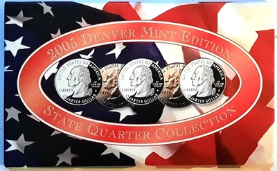 A COMPLETE 2005 D Five Coin "Brilliant Uncirculated" State Quarter Set Box & COA - Image 1 of 2