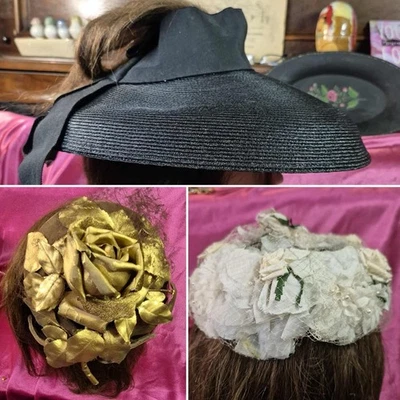 Vintage Hats - Black Straw Open Crown Wide Brim, Gold & White Floral Pillbox Hat - Image 1 of 4