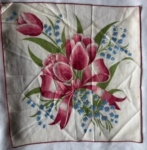 Vintage Handkerchief Red Tulips, Bluebells Sheer Linen 12” Square Women’s - Picture 1 of 5