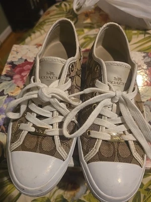 Coach Shoes Women Size 8.5 B Khaki Brown All Over Logo Lace Up Canvas Empire - Image 1 of 4