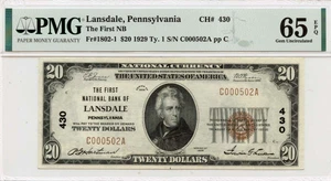 1929 Ty.1 $20 First NB Lansdale PA CH#430 PMG Gem65 EPQ GCC Green - Picture 1 of 2