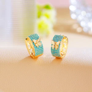 Gold Plated Butterfly Blue Turquoise Small Round Hoop Earrings for Women Wedding - Picture 1 of 8