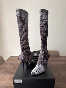 Saint Laurent Ella 110 Knee High Tall Velvet Boots Cool Grey, Size 39, $1290 - Picture 1 of 7