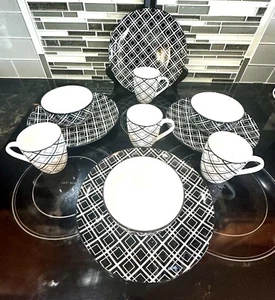 Dover & York Geometric Diamond Black and White 4 plates/cups/3 bowls Dinnerware - Picture 1 of 18