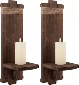 2Pcs Rustic Wall Hanging Candle Sconces Farmhouse Wooden Holders Retro Brown - Picture 1 of 6