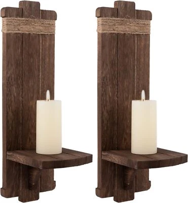 2Pcs Rustic Wall Hanging Candle Sconces Farmhouse Wooden Holders Retro Brown - Image 1 of 4