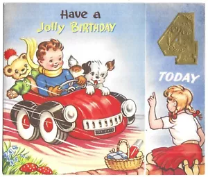 Vintage Birthday Greetings Card Children Red Car Animals Made England 1940s-50s - Imagen 1 de 3