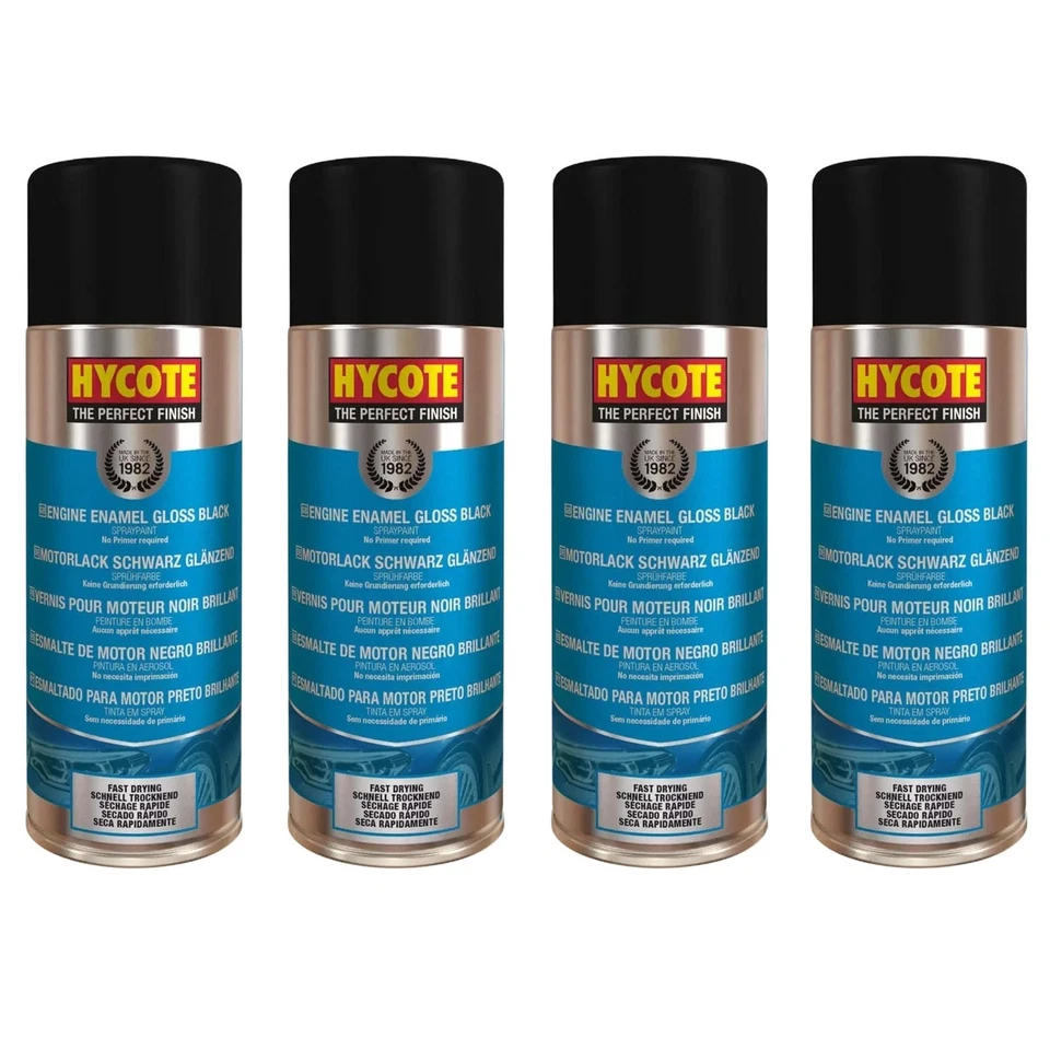 Hycote Colour Spray Paint Aerosol XUK0121 Black Engine Enamel 400mL x 4 Fast Dry