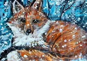 Pintura ORIGINAL ACEO Zorro Rojo Invierno Nieve Pino Paisaje Animal Naturaleza ARTE - Imagen 1 de 1