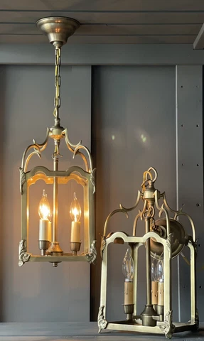 Fabulous! 2 Vintage Luminaire Brass Colonial Chandelier Cage Light Pendants Cover