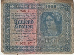 AUSTRIA BANKNOTE 1000 KRONEN  P78 1922 VG SERIES 1326 - Picture 1 of 2