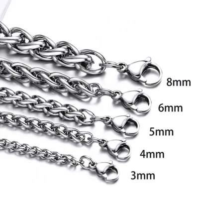 3/4/5/6/8mm Man Woman Stainless Steel Wheat Braided Chain Necklace Never Fade - Image 1 of 3