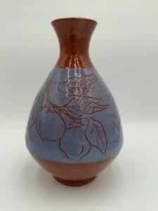 Redware Etched Fruit & Floral in Lavendar Glaze Vase Signed Christensen 12" - Picture 1 of 9