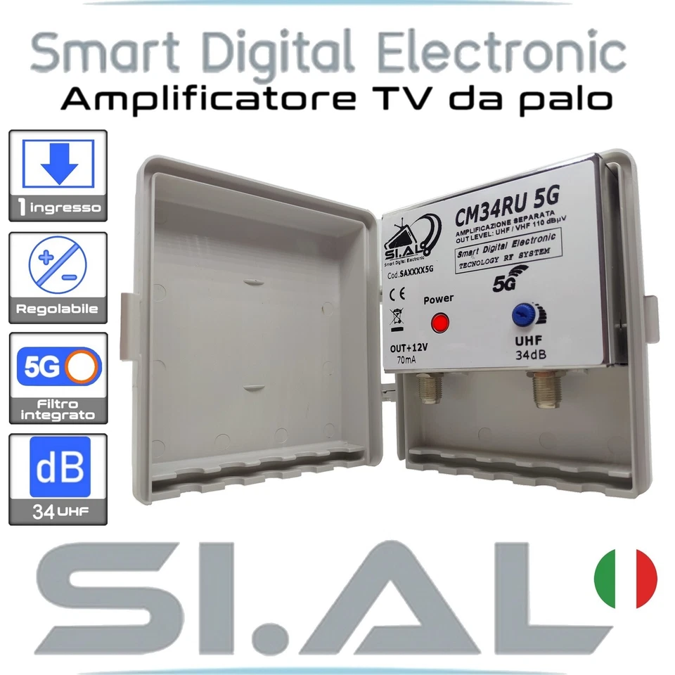 Amplificatore antenna TV da palo 1 ingresso UHF 34 dB regolabile filtro 5G - Immagine 1 di 1