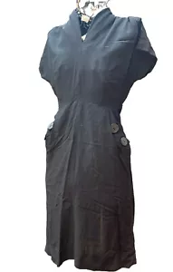 Abito donna vintage anni '50 nero rayon sm 34"" busto 28"" con maniche con berretto Rockabilly - Foto 1 di 19
