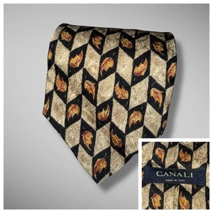 Canali Neck Tie Black Gold Bronze Leaf Autumn Fall 55x3.5 Silk Italy - Picture 1 of 9