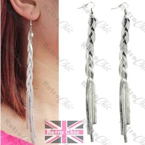 PENDIENTES MODA PLATA LÍQUIDA TRENZA 6" LARGO CADENA ESPIGA TEJIDO RESBALADIZO 15 cm - Imagen 1 de 7