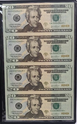 2004 UNCUT SHEET OF $20 BILLS STAR NOTES ANDREW JACKSON - Image 1 of 4