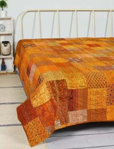 King Size Indian Handmade Kantha Quilt Silk Patchwork Bedspread Bohemian - Picture 1 of 5