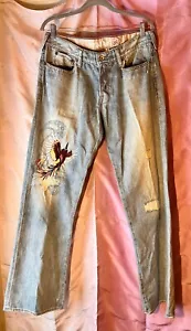 GUESS Rare Proto THRASHED VTG Est 1981 Embroidered Falcon jeans 34x34 not 36 - Picture 1 of 16
